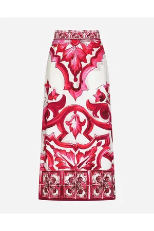 Dolce & Gabbana Majolica-print Charmeuse Calf-length Skirt With Slit - Woman Skirts Fuchsia Silk 36