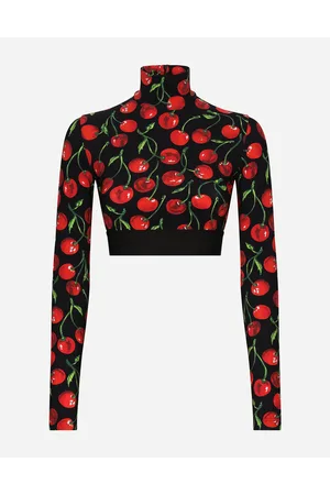 Dolce & Gabbana Cherry-print Technical Jersey Turtle-neck Top With Branded Elastic - Woman Sweaters And Cardigans Multi-colored Fabric 38
