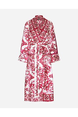 Dolce & Gabbana Twill Wrap Coat With Belt And Majolica Print - Woman Coats And Jackets Fuchsia Silk 42