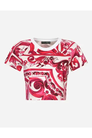 Dolce & Gabbana Cropped Majolica-print Jersey T-shirt - Woman T-shirts And Sweatshirts Fuchsia Cotton 36