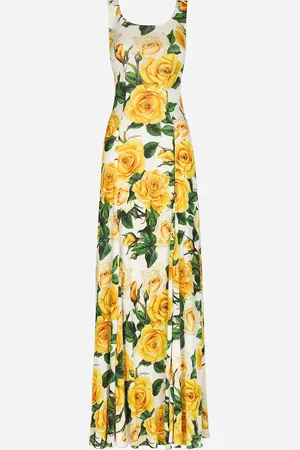 Dolce & Gabbana Long Organzine Round-neck Dress With Yellow Rose - Woman Dresses 38