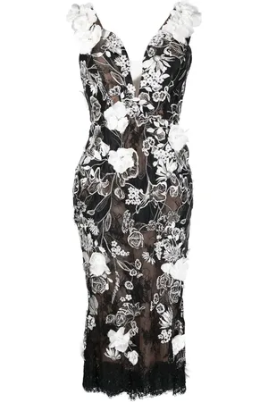 Marchesa Notte Floral-appliqué midi dress