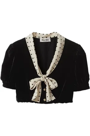 studded lace-trim puff-sleeve shirt, Miu Miu