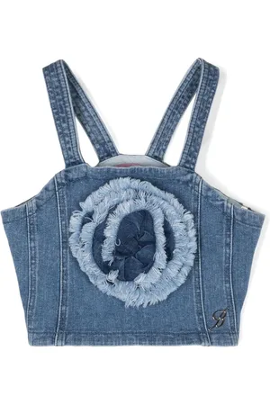 MISS BLUMARINE Floral-appliqué denim cropped top