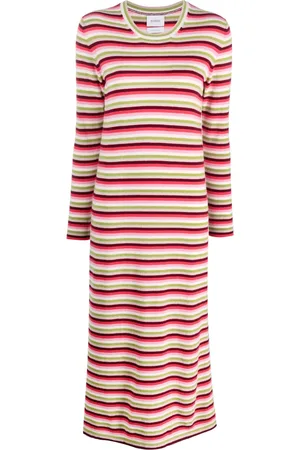 Barrie Striped round-neck cashmere midi dress