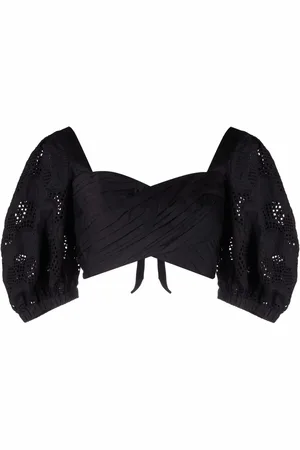 Self-Portrait Lace puff-sleeves crossover cropped top