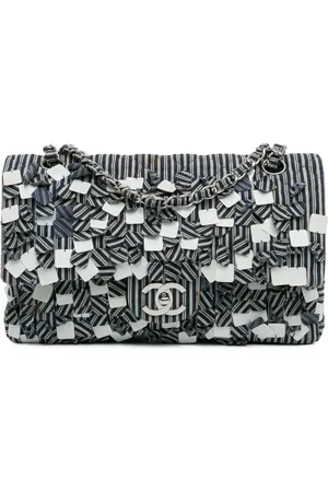 CHANEL 2006-2008 Medium Classic Canvas Sequin Stripes Double Flap shoulder bag