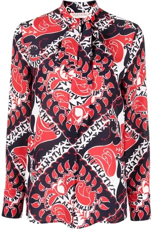 VALENTINO GARAVANI Geometric logo-print pussybow blouse