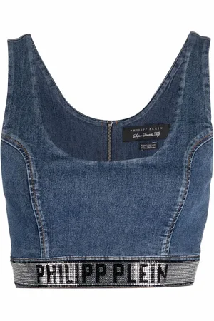 Philipp Plein Super-Stretch logo-embellished cropped denim top