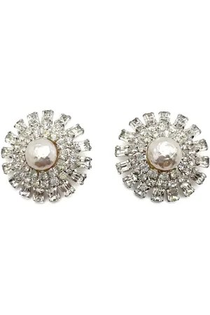 JENNIFER GIBSON JEWELLERY Vintage Baroque Pearl & Baguette Crystal Starburst Earrings 1960s