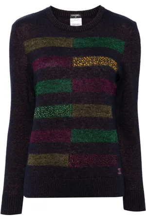 CHANEL Crystal-embellished striped jumper