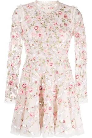 Needle & Thread Floral-embroidery round-neck dress
