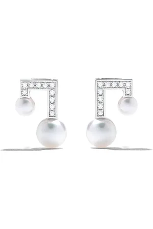 Tasaki 18kt white gold Balance note pavé diamond and Akoya pearl stud earrings