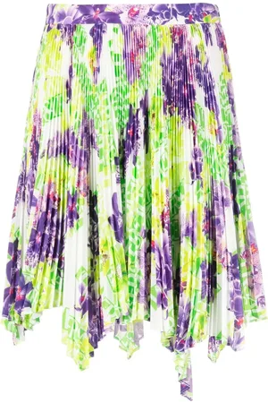 VERSACE Logo Orchid-print pleated asymmetric skirt