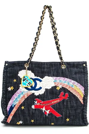 CHANEL 2006 Airplane denim chain tote bag