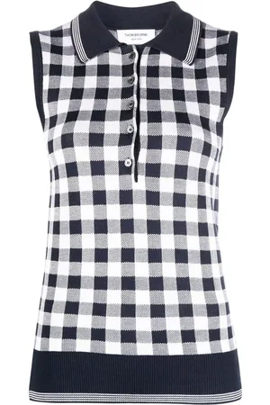 Thom Browne Gingham-jacquard sleeveless polo top