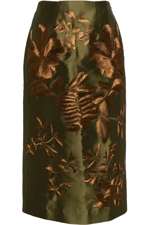 BIYAN Floral-embroidered satin midi skirt