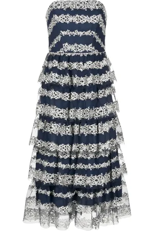 Marchesa Notte Motif-embroidered tiered midi dress