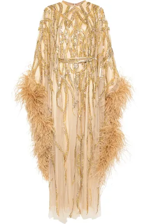 Dina Melwani Feather-trim beaded gown