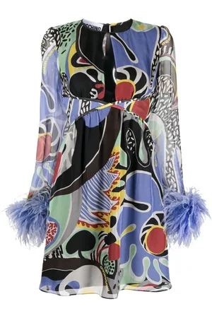 Moschino Feather-trim psychedelic print dress