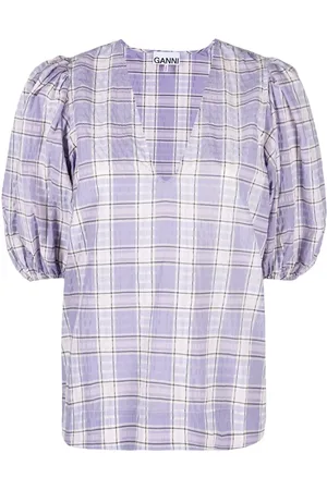 Ganni Check-patterned puff sleeve blouse