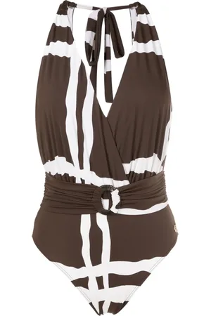 Brigitte Check-pattern halterneck-tie swimsuit