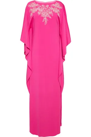 Marchesa Notte Floral-embroidered crepe kaftan dress
