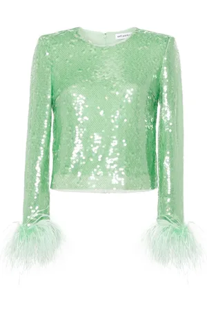 Self-Portrait Feather-trim sequinned top