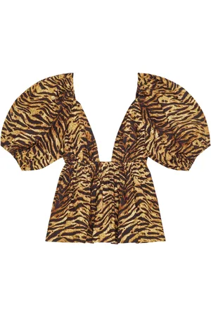 Ganni Tiger-print organic cotton flared blouse