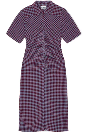 Ganni Gathered checked midi dress