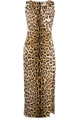 Roberto Cavalli Leopard-print plunge midi dress