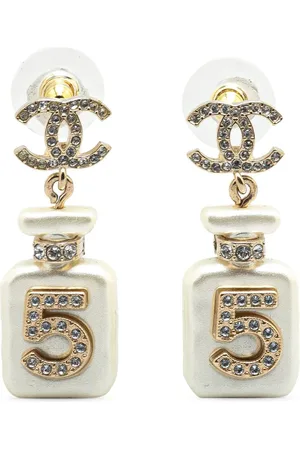 CHANEL 2022 Gold Plated and Pearl Resin Crystal CC No 5 Perfume Bottle Drop Earrings costume earrings