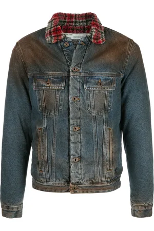 OFF-WHITE Checked collar distressed-effect denim jacket