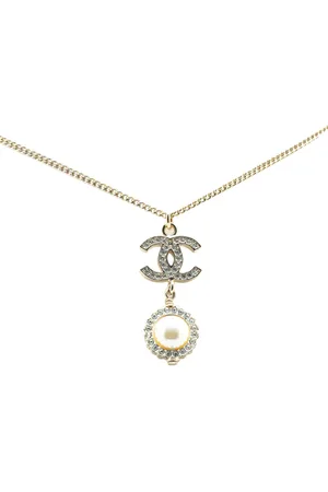 CHANEL 2019 Plated CC Faux Pearl Rhinestones Pendant Necklace costume necklace