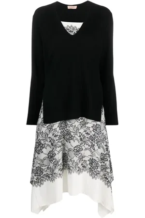 Twin-Set Floral-lace layered midi dress