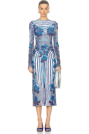 Jean Paul Gaultier Flower Body Morphing Long Sleeve Dress in White Navy & Aqua - Multi. Size XS (also in ).