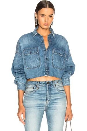 R13 Cropped Shirt in - Denim-Medium. Size L (also in M, S).