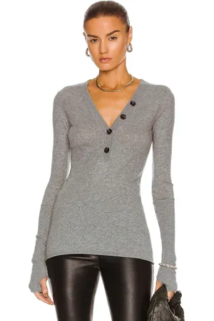 ENZA COSTA Cashmere Long Sleeve Cuffed Henley Top in - Grey. Size L (also in M, XL).