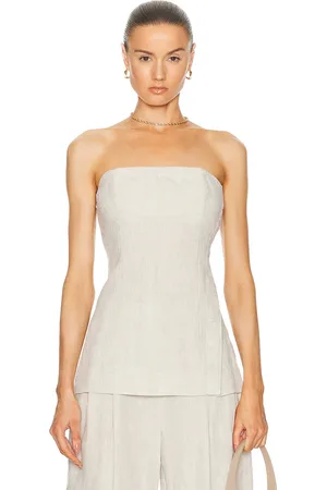 GRLFRND Linen Strapless Tunic Top in - Beige. Size L (also in M, S, XL, XS, XXS).