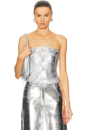 Ganni Foil Denim Corsage in - Metallic Silver. Size 32 (also in ).