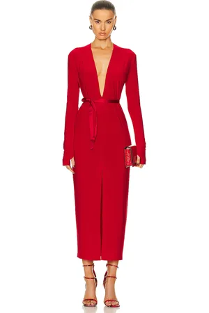 Norma Kamali Long Sleeve Deep V Neck Center Front Slit Gown in - Red. Size XS (also in ).