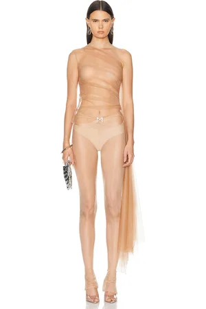 MUGLER Stretch Illusion Sheer Top in - Tan. Size 38 (also in ).