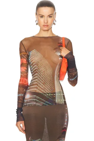 Jean Paul Gaultier X Shayne Oliver Mesh City Long Sleeve Top in Brown Green Blue & Red - Brown. Size XS (also in ).