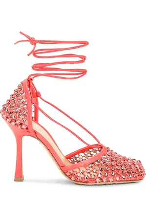 Bottega Veneta Web Sparkle Stretch Lace Up Sandals in - Coral. Size 36.5 (also in 37, 37.5, 38).