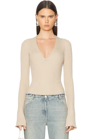 Courrèges V Neck Rib Knit Bodysuit in - Beige. Size L (also in M).