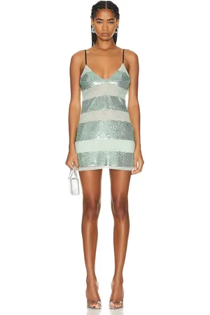 FLEUR DU MAL Sequin Stripe Mini V Neck Slip Dress in - Mint. Size S (also in L, XS).