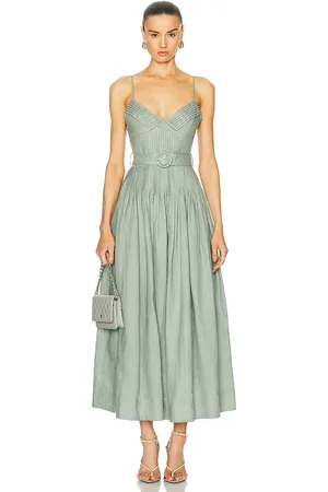 Nicholas Mireille Belted Pintuck Midi Dress in - Sage. Size 0 (also in 2).