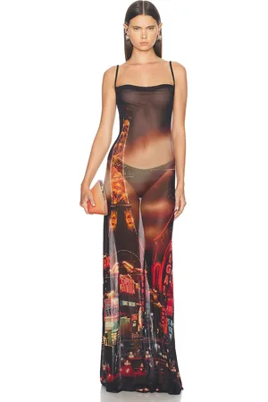 Jean Paul Gaultier Pigalle Mesh Slip Printed Dress in Black Red Orange & Blue - Black. Size XS (also in ).