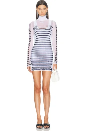 Jean Paul Gaultier Feathers Mariniere Printed Short Dress in White Navy & Black - White. Size M (also in S).