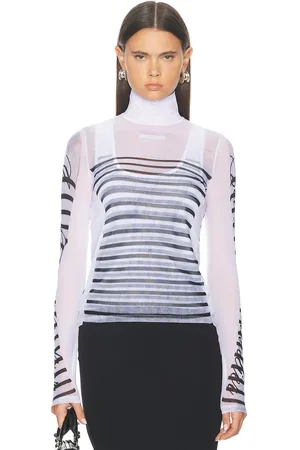 Jean Paul Gaultier Feathers Mariniere Printed Mesh Long Sleeve Top in White Navy & Black - White. Size M (also in S, XS).